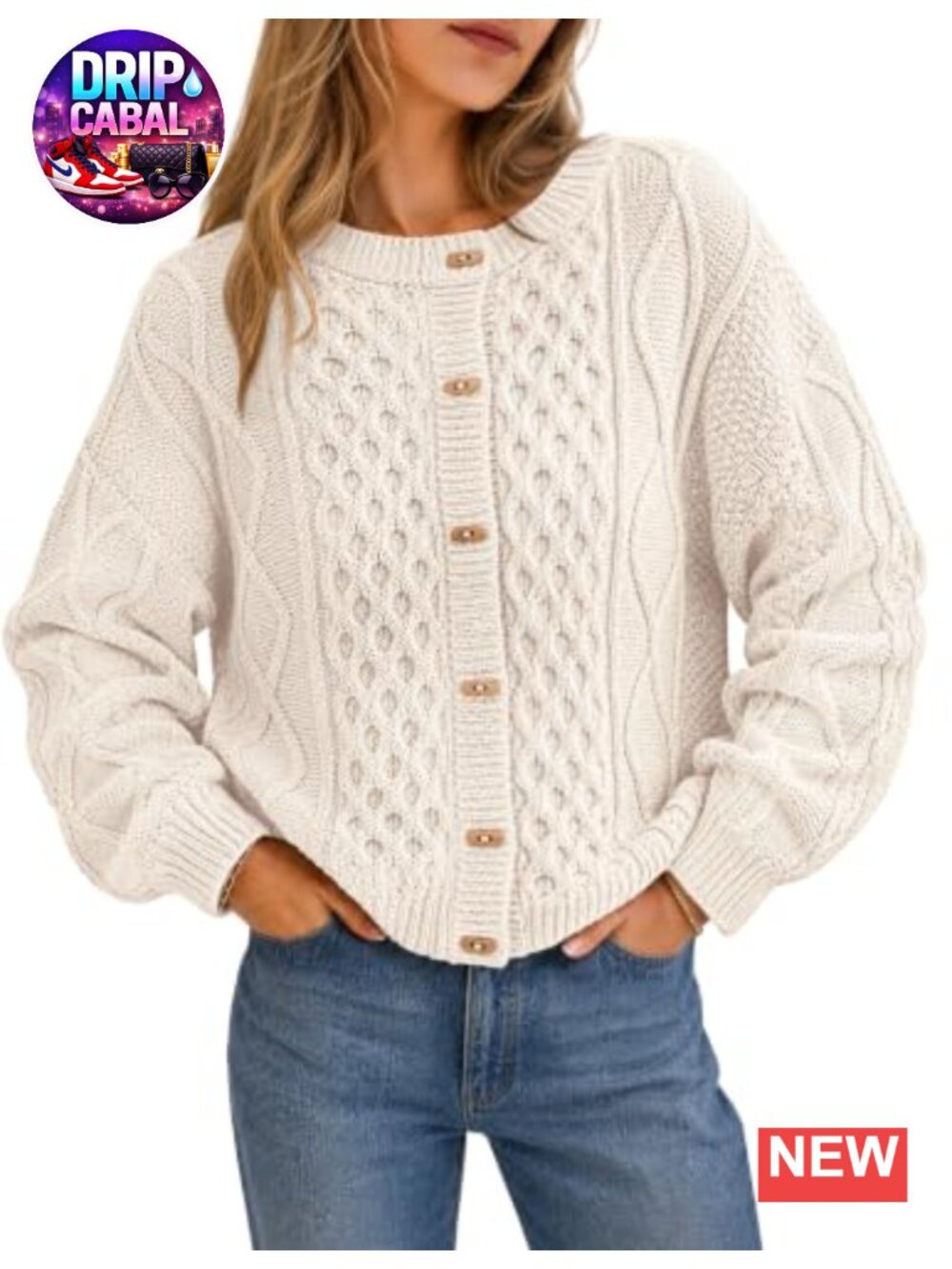 Chunky Cable Knit Button Up Cardigan Sweater Loose Fit Crew Neck